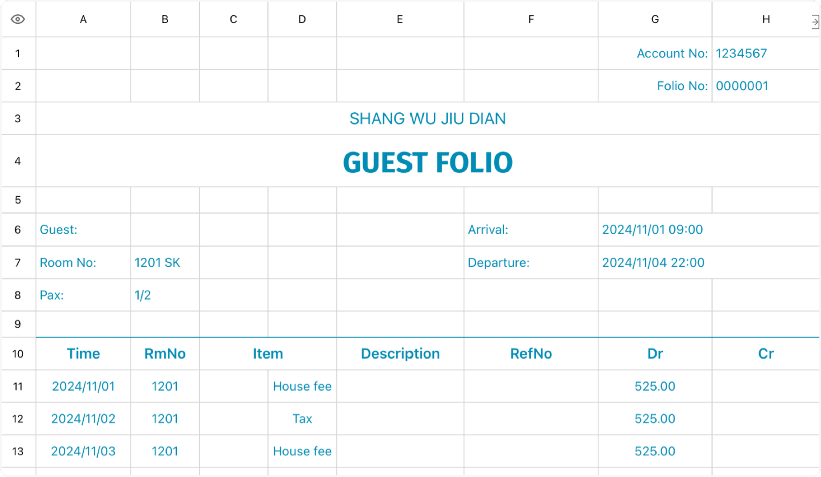 Detailed bill of business hotel